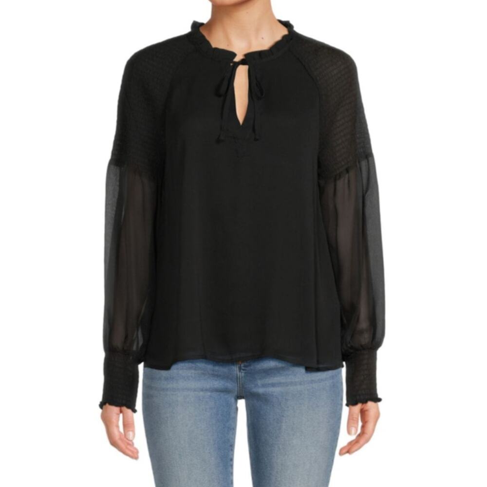 Ellen Tracy Black Raglan Sleeve Smocked Trim Blouse Size Medium NWT